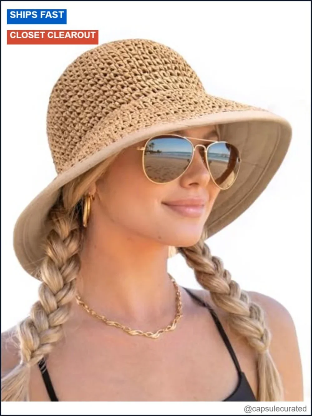 Women's Wide Brim Straw Sun Hat Packable Beach Bucket Hat UPF 50